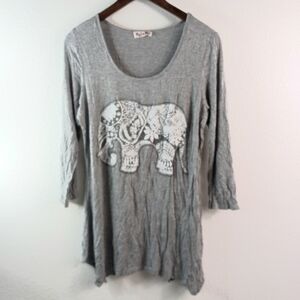 Mel & Mo M Embroidered Elephant Tunic Top in Gray White